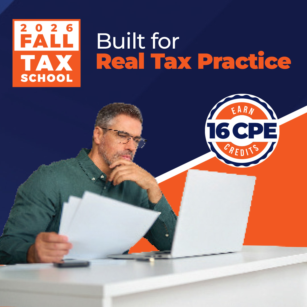 Fall Tax School 2026 - tax professionbal man at desk looking at laptop. Earn 16 CPE badge and Fall Tax School 2026 badge are visible.