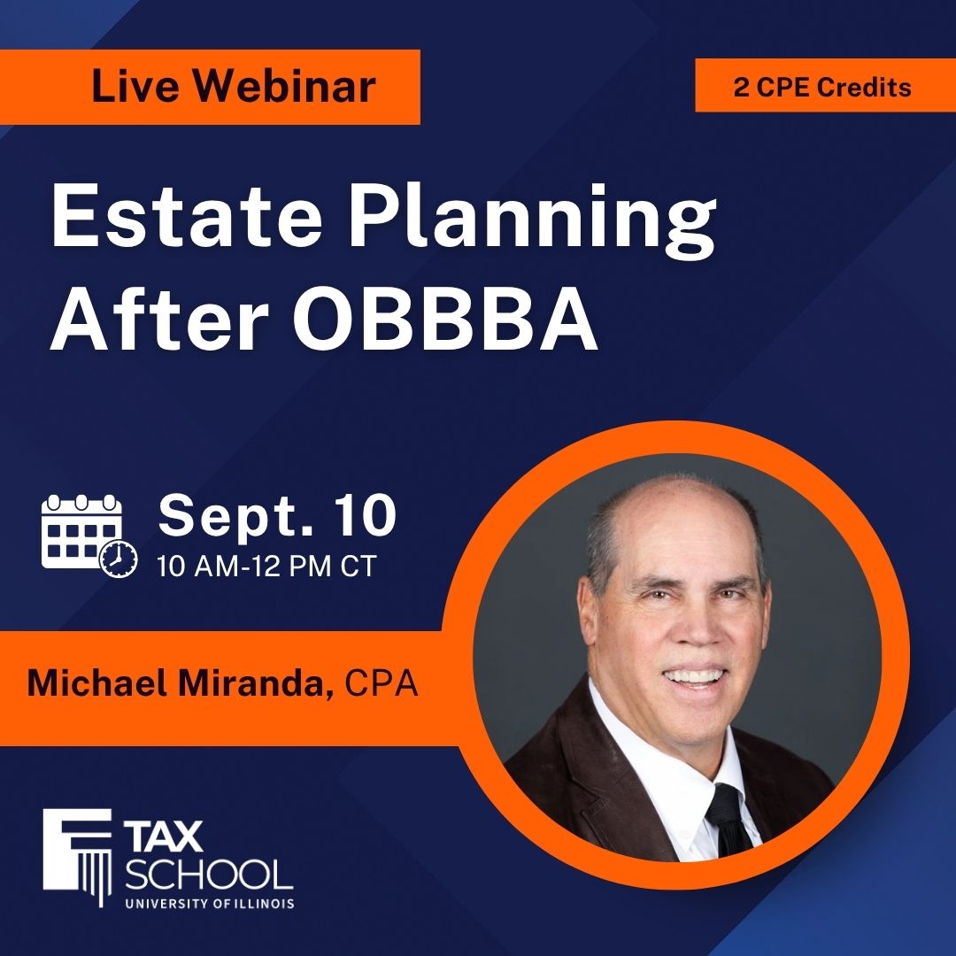 Estate Planning after OBBBA webinar promo graphic. List date of Sept 10 and instructor, Michael Miranda.